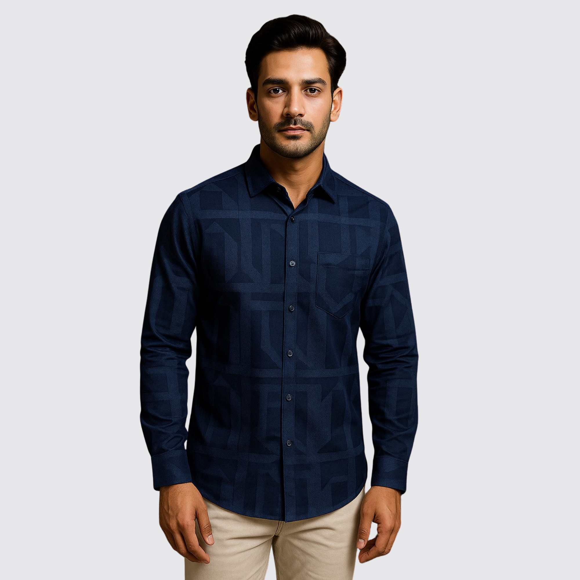 Men's Navy Blue Printed Shirt - Full Sleeve Stylish Casual Shirt for Men