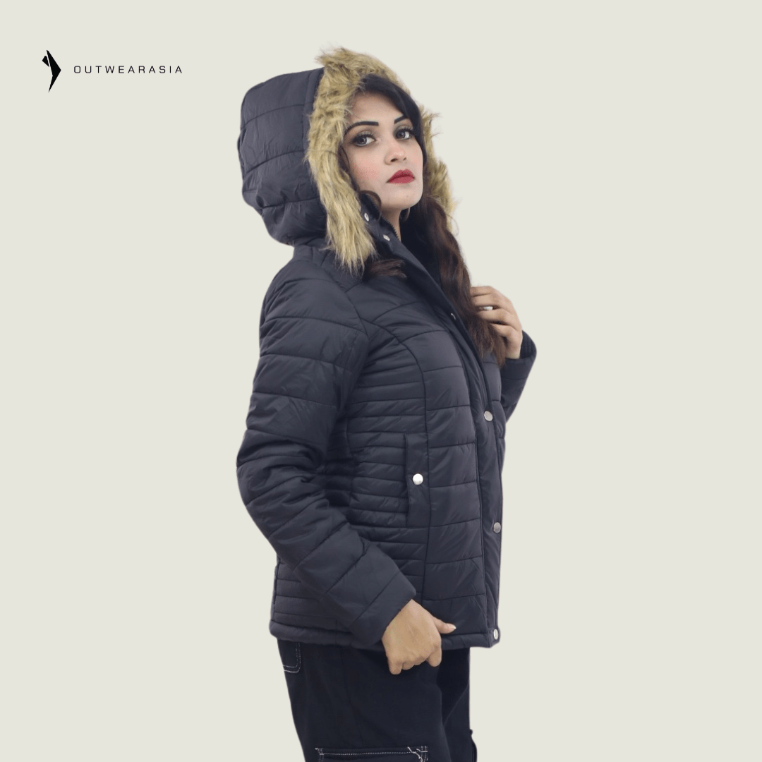 Premium Winter Ladies Jacket With Fa Hood - Black Amber