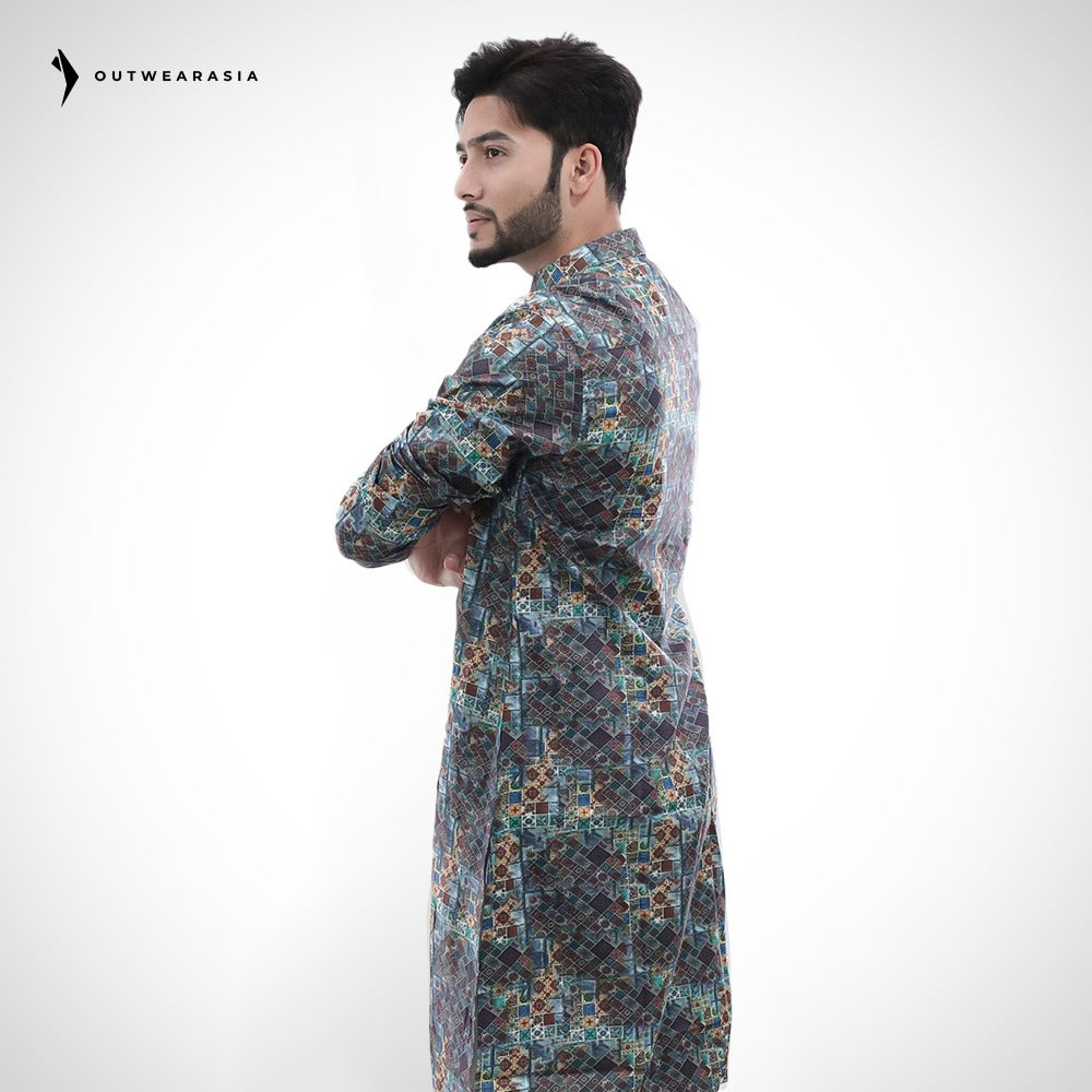 Teal Digital Printed Cotton Panjabi | Outwear - D23