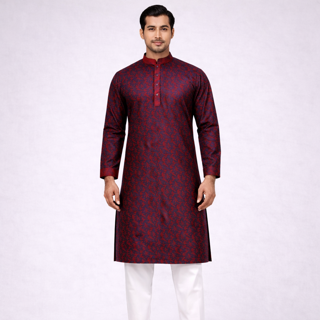 Men's Printed Jacquard Fabric Panjabi | Outwear - D24_Maroon