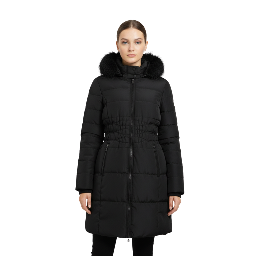 Women's Knee Length Puffer Women Long Sleeve Hooded jacket F&F black