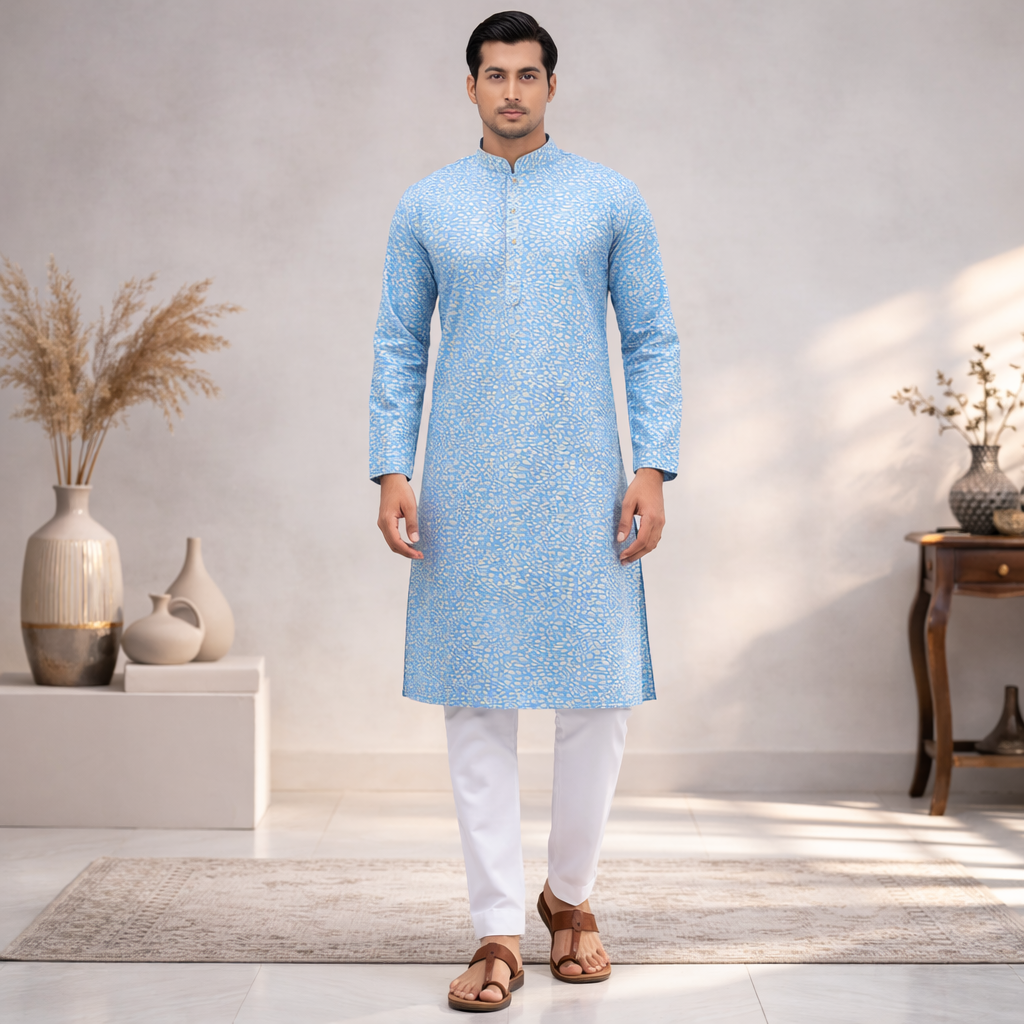 Men's Printed Jacquard Fabric Panjabi | Outwear - D24_Sky Blue