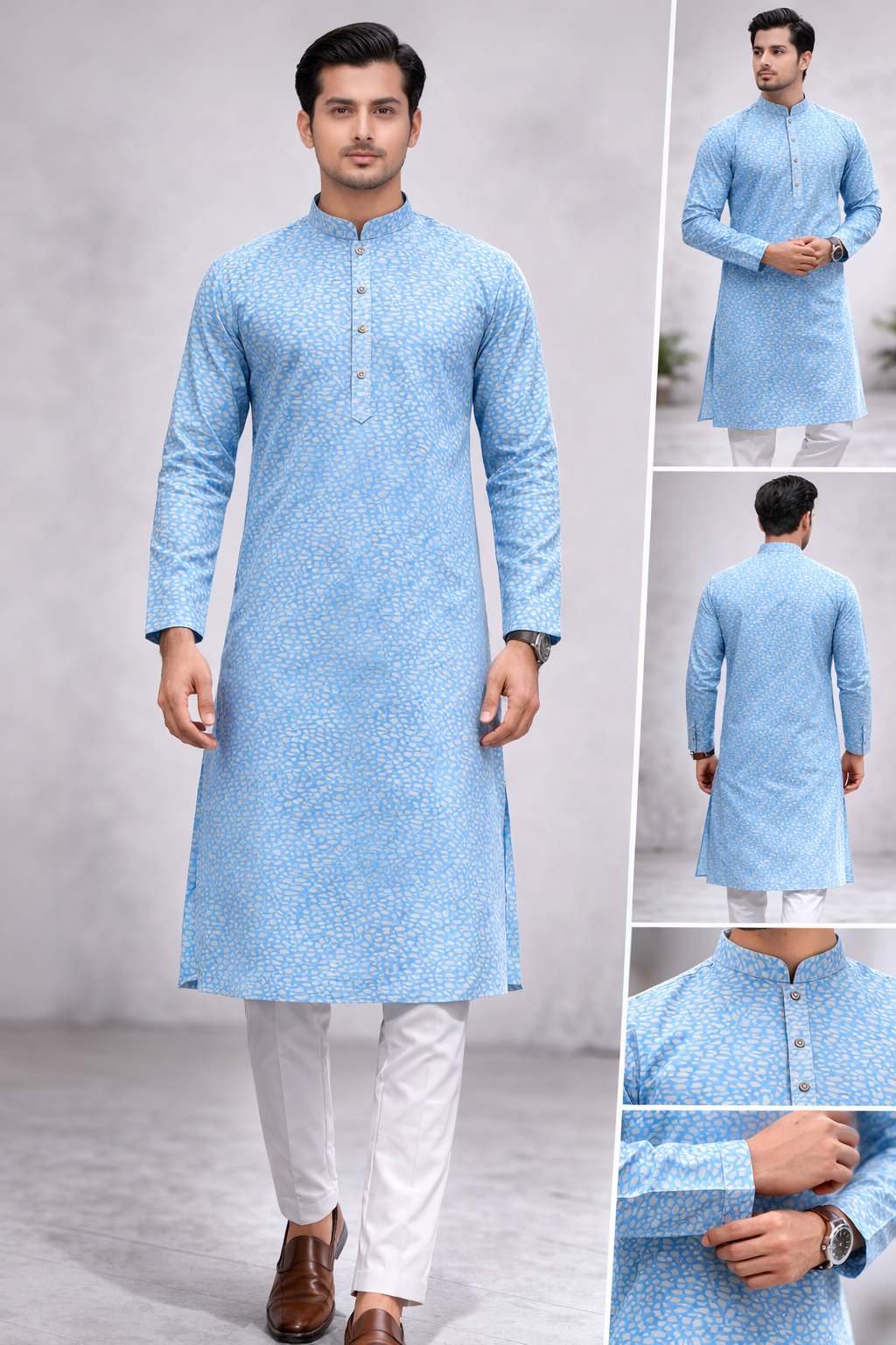 Men's Printed Jacquard Fabric Panjabi | Outwear - D24_Sky Blue