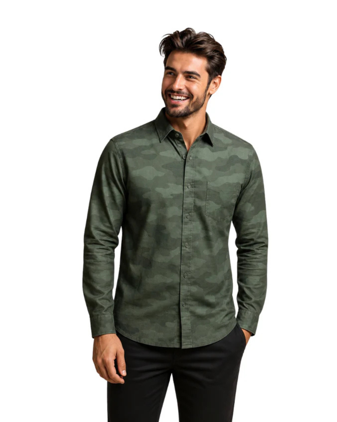 Men's Full Sleeve Camo Print Shirt - Army Green Casual Shirt for Men