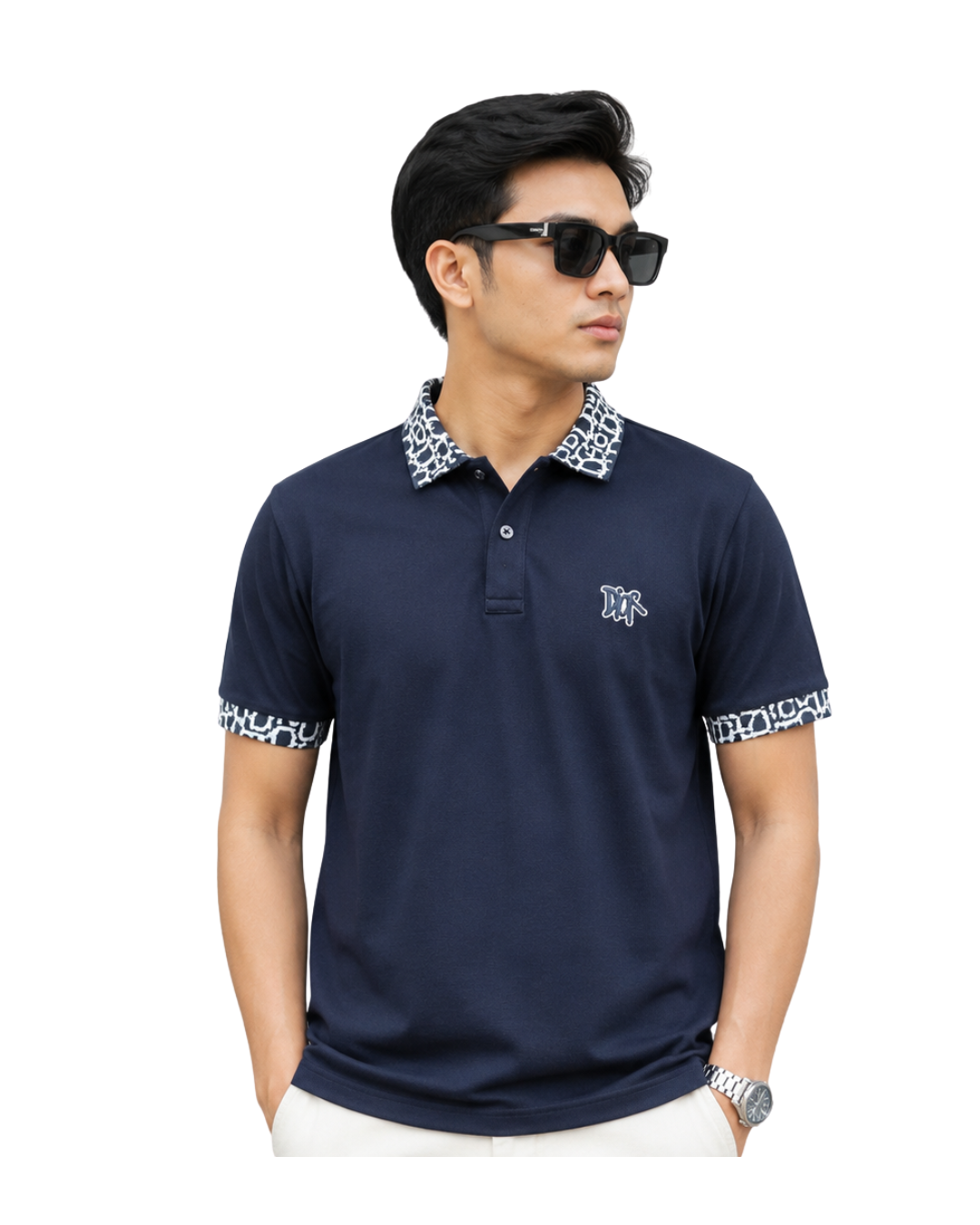 Premium Navy Monogram Collar Polo Shirt for Men