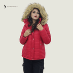 Premium Winter Ladies Jacket With Fa Hood- Red Amber