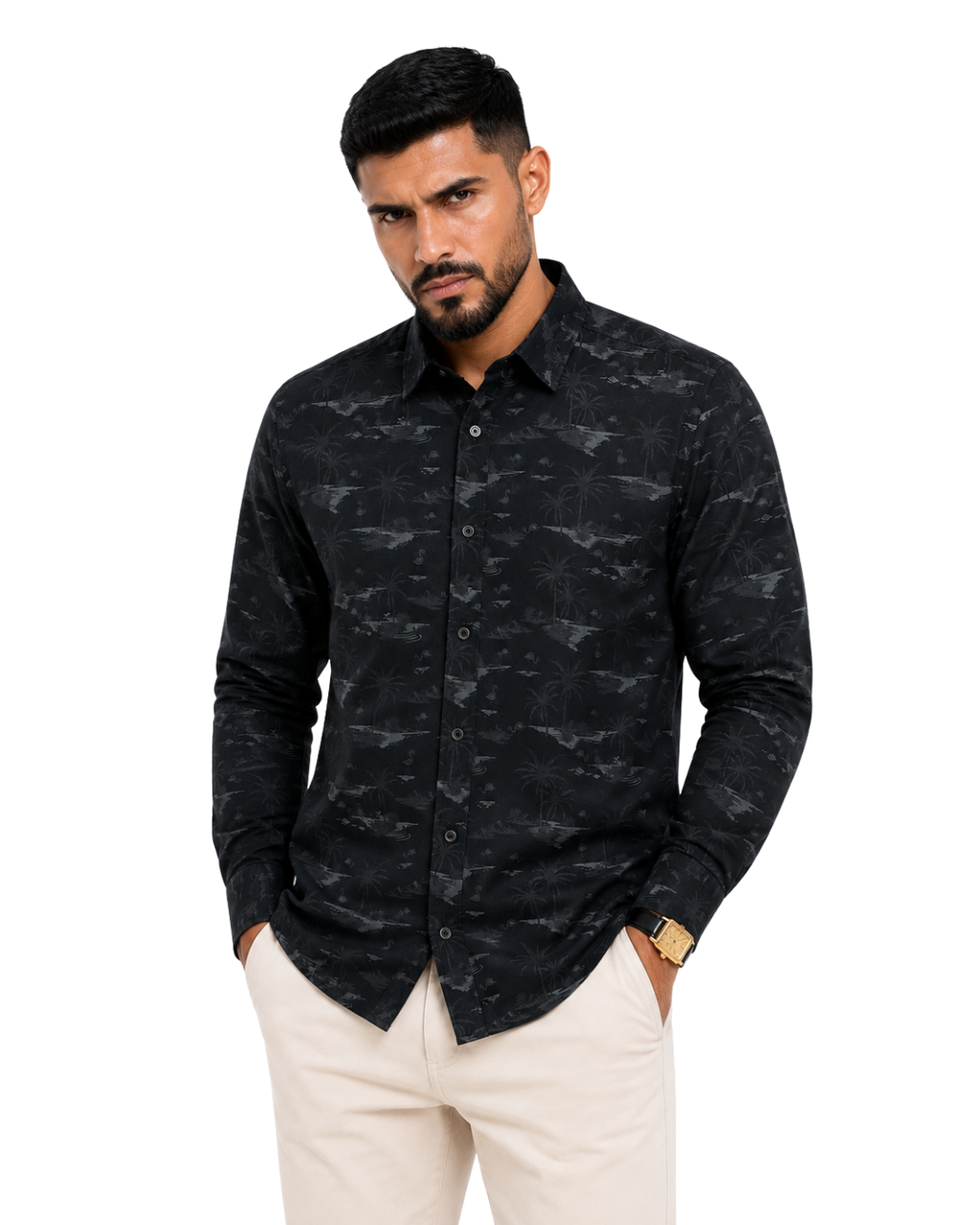 Men’s Premium Tropical Print Full-Sleeve Shirt – Black