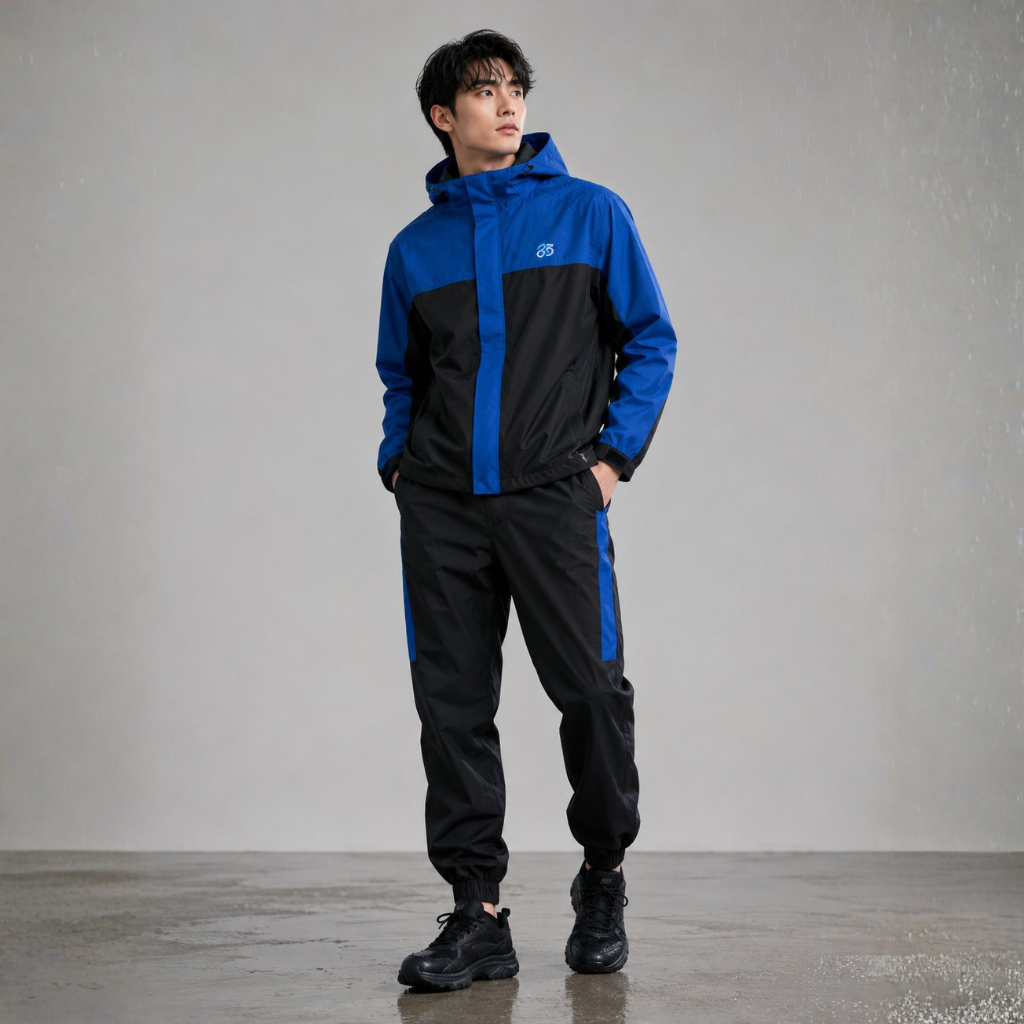 Men’s Waterproof Hooded Raincoat Set Black&Blue