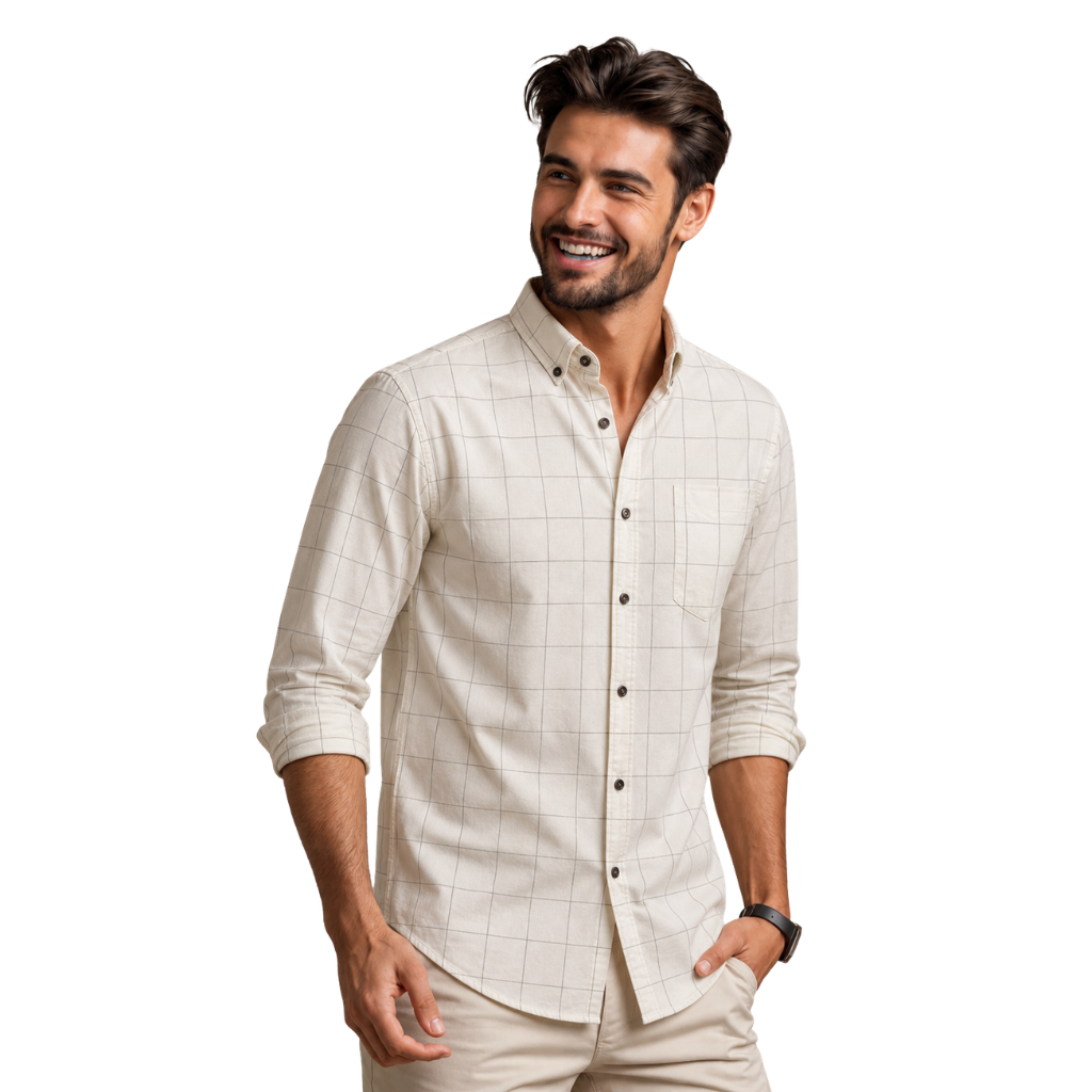 Men's White Check Shirt - Full Sleeve Cotton Casual Shirt
