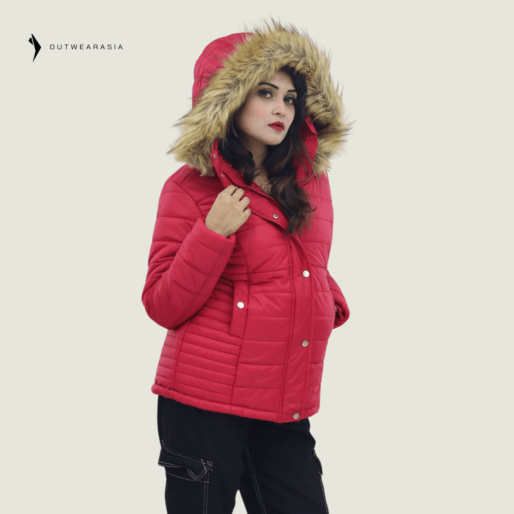 Premium Winter Ladies Jacket With Fa Hood- Red Amber