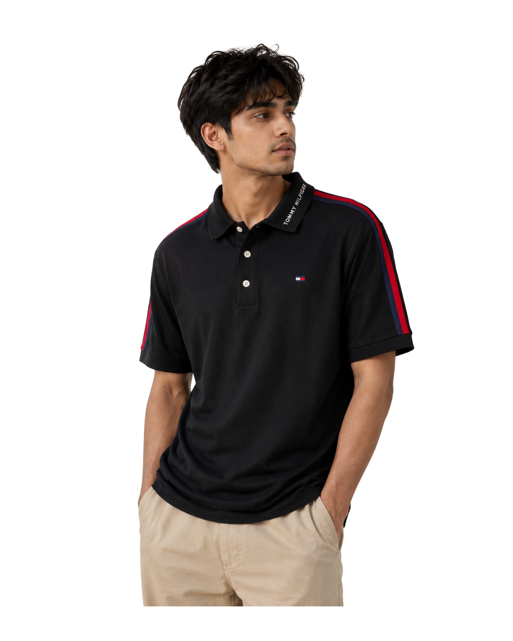 Men’s Black Polo Shirt with Red & Navy Shoulder Stripe