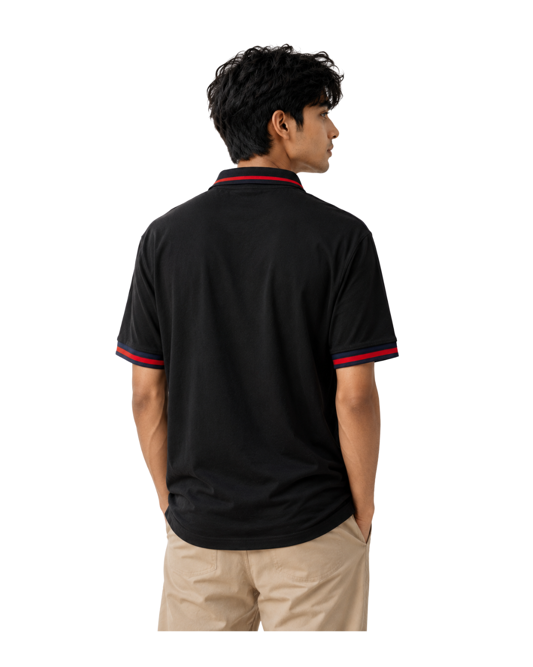 Men’s Black Polo Shirt with Red & Navy Shoulder Stripe