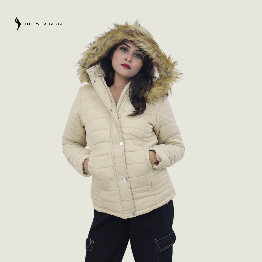Premium Winter Ladies Jacket With Fa Hood- Off White Amber