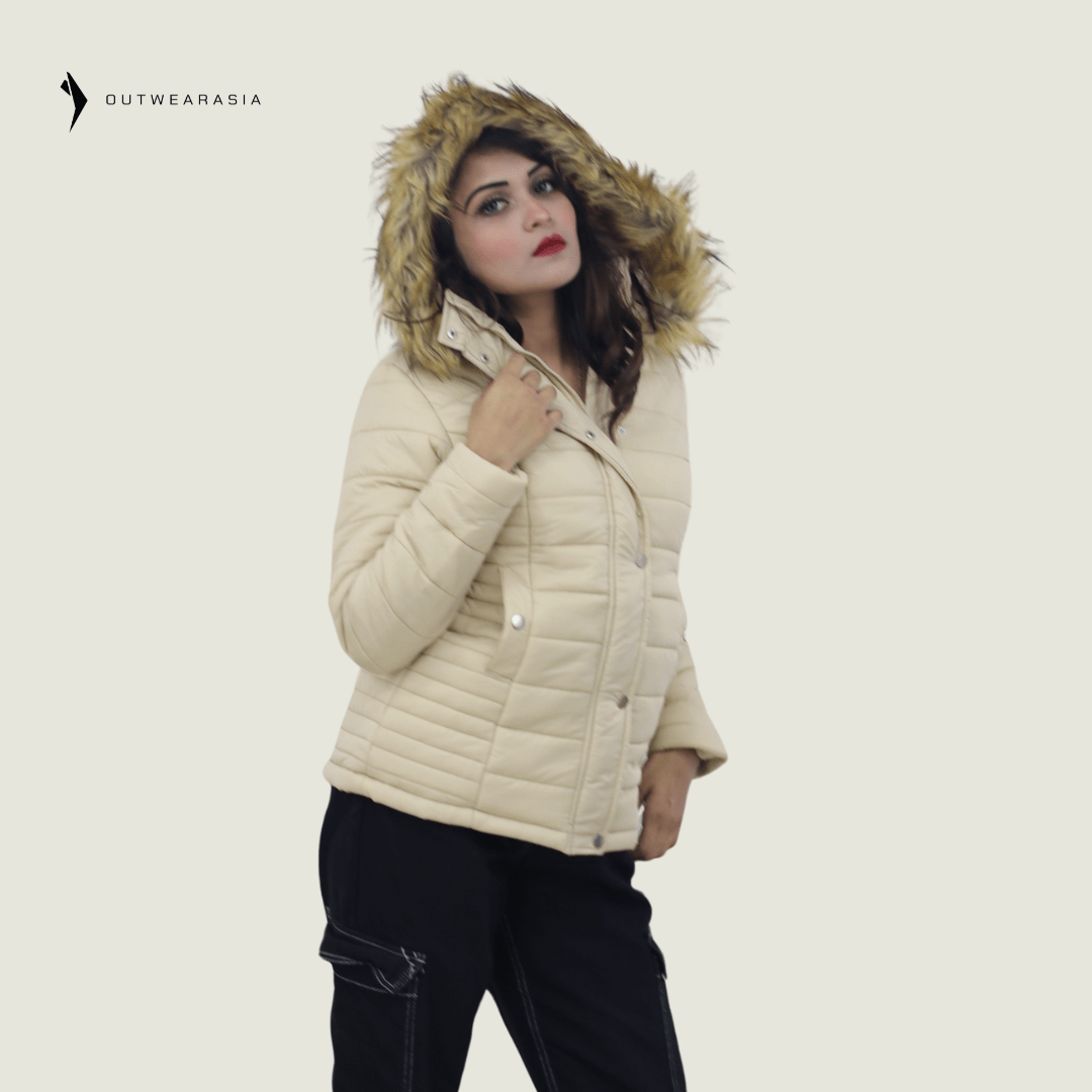 Premium Winter Ladies Jacket With Fa Hood- Off White Amber