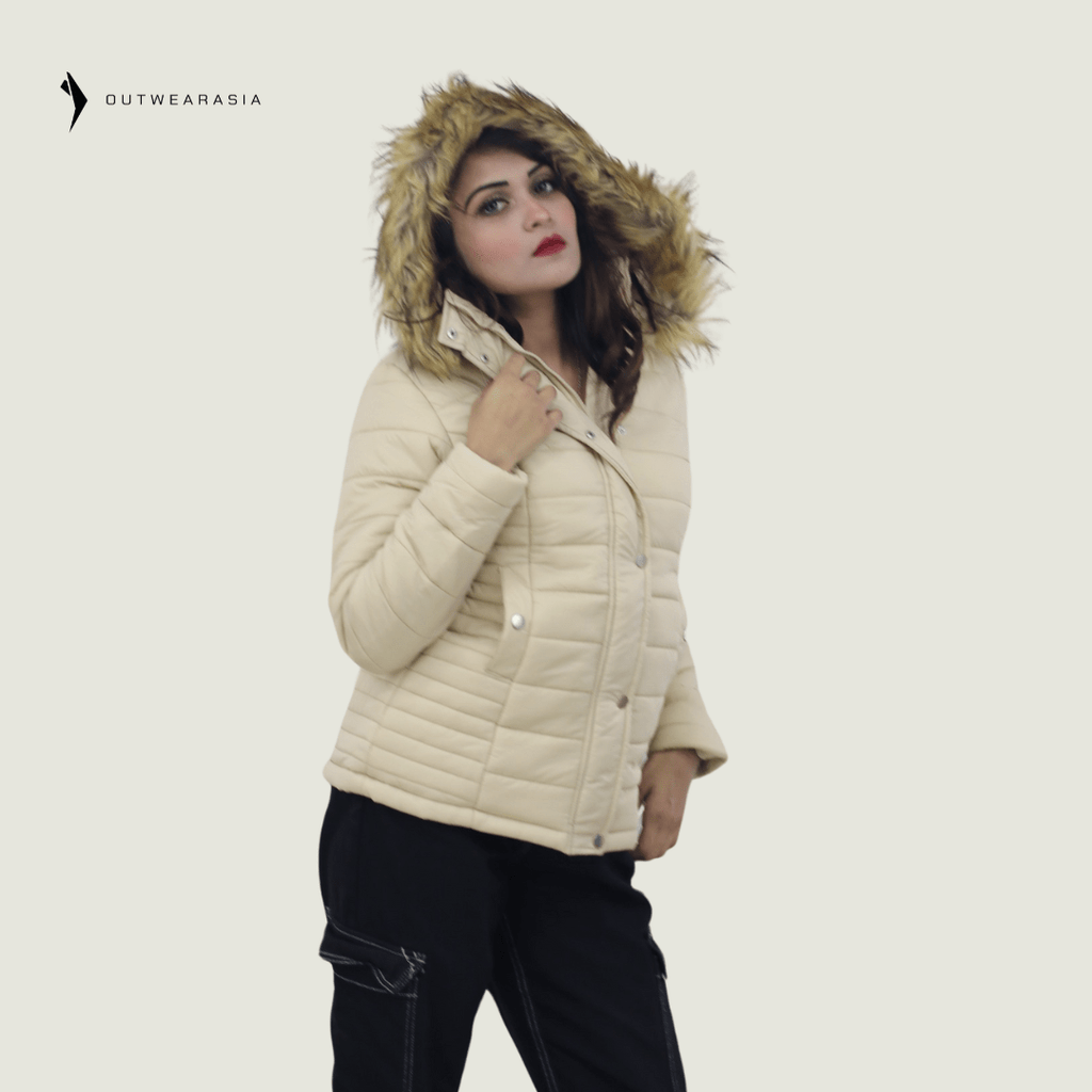 Premium Winter Ladies Jacket With Fa Hood- Off White Amber
