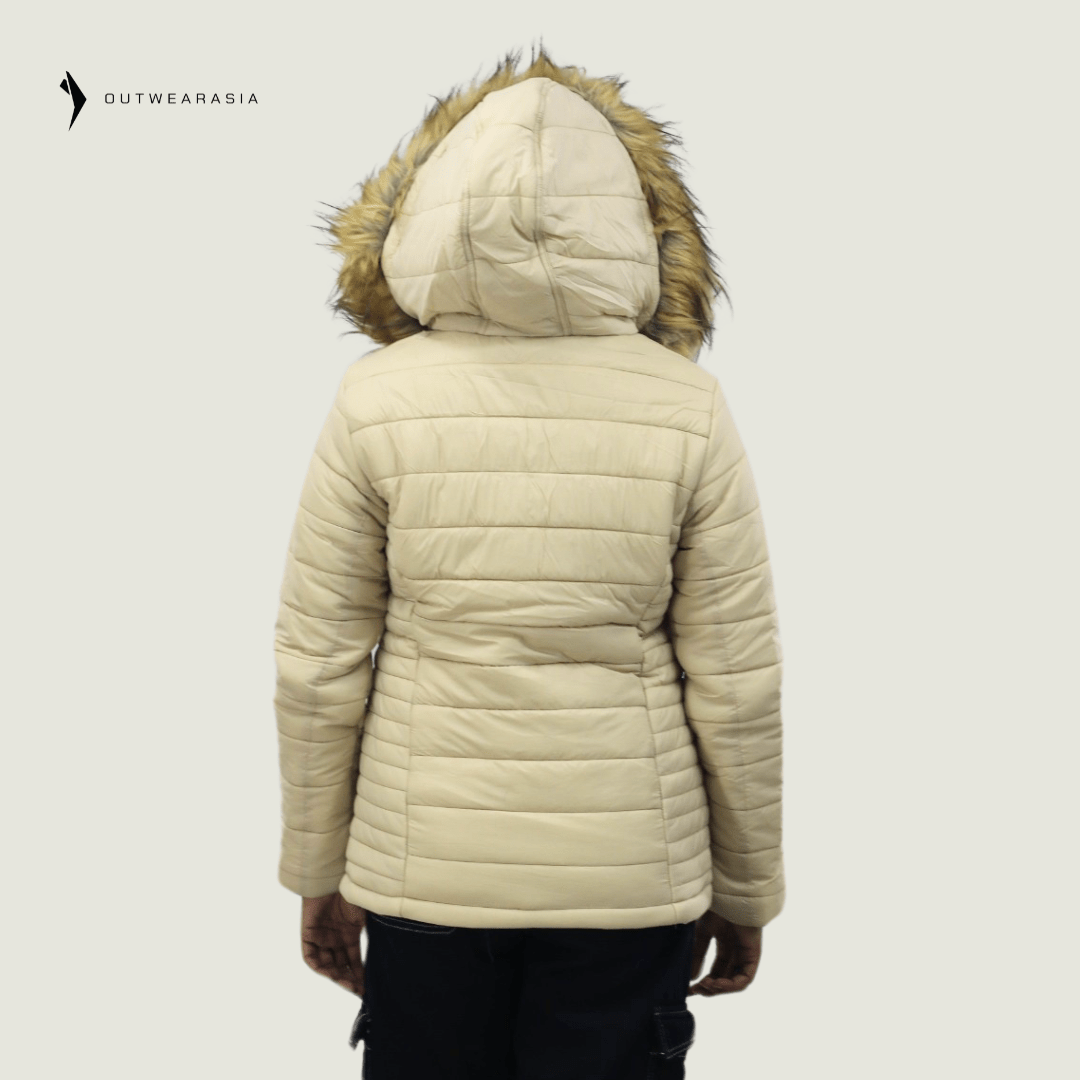 Premium Winter Ladies Jacket With Fa Hood- Off White Amber