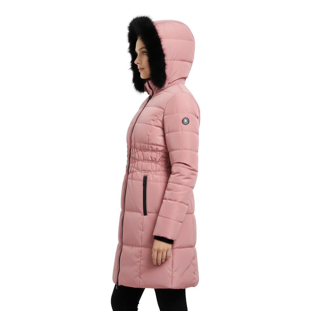 Women's Knee Length Puffer Women Long Sleeve Hooded jacket F&F pink