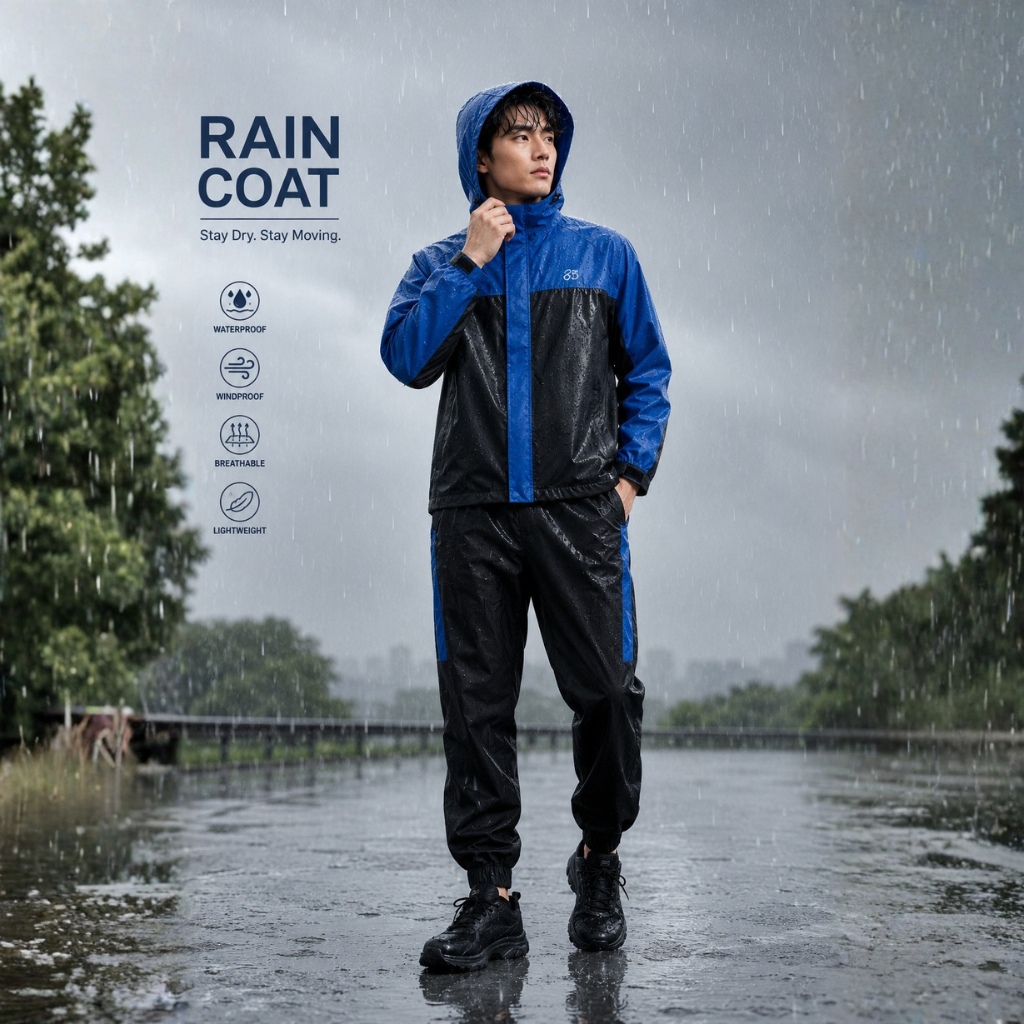Men’s Waterproof Hooded Raincoat Set Black&Blue