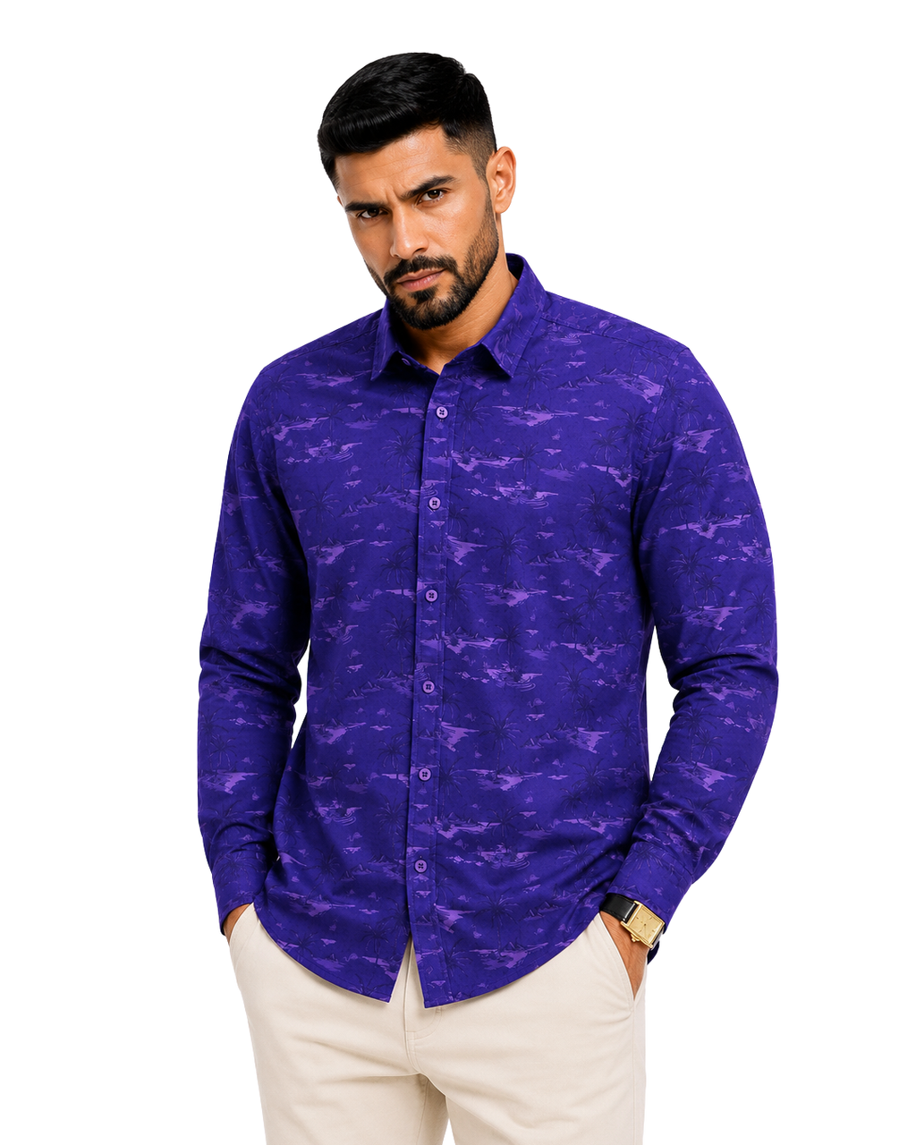 Men’s Premium Tropical Print Full-Sleeve Shirt – Royal Purple