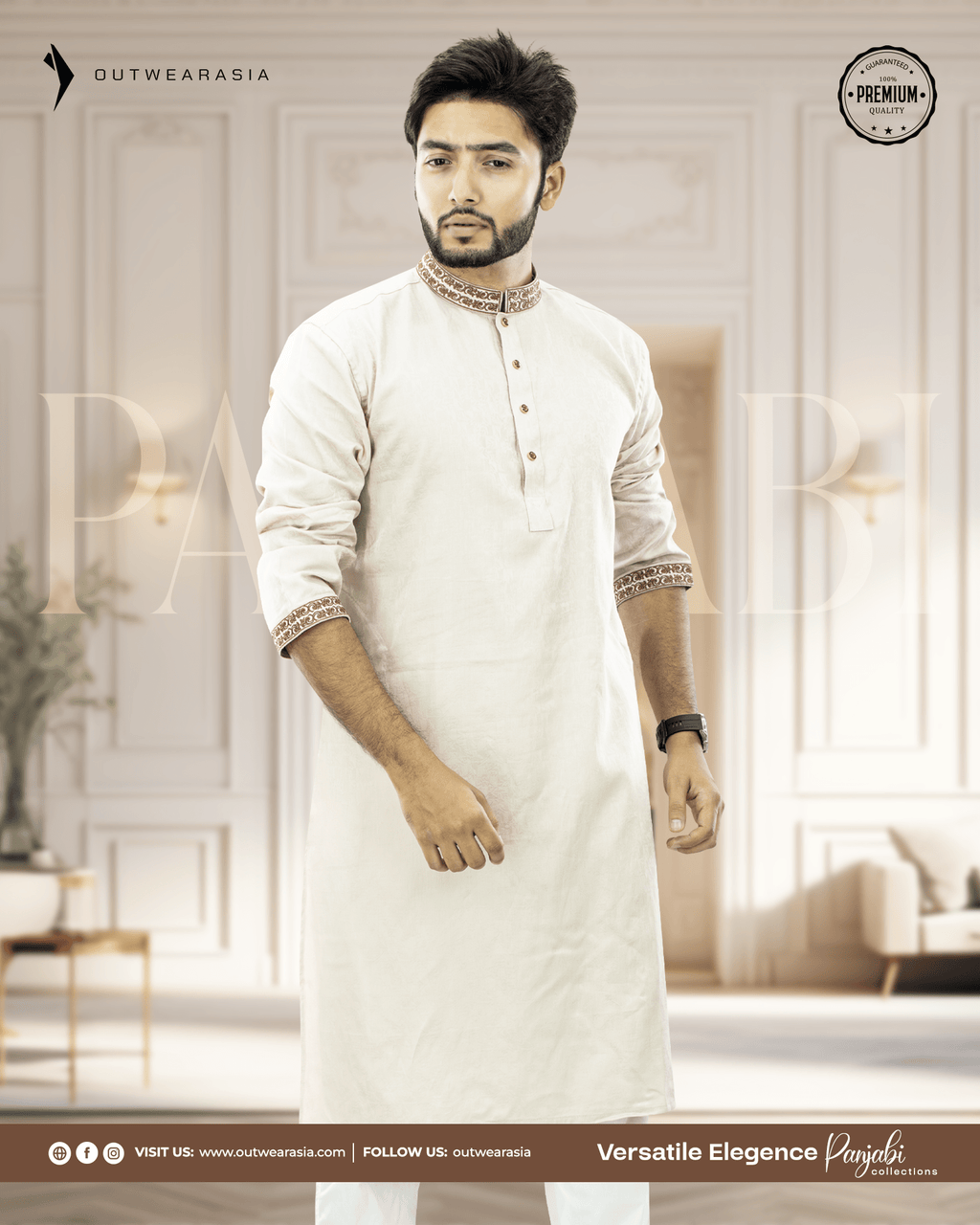 Outwear Men's Exclusive Embroidered Cotton Panjabi- D29