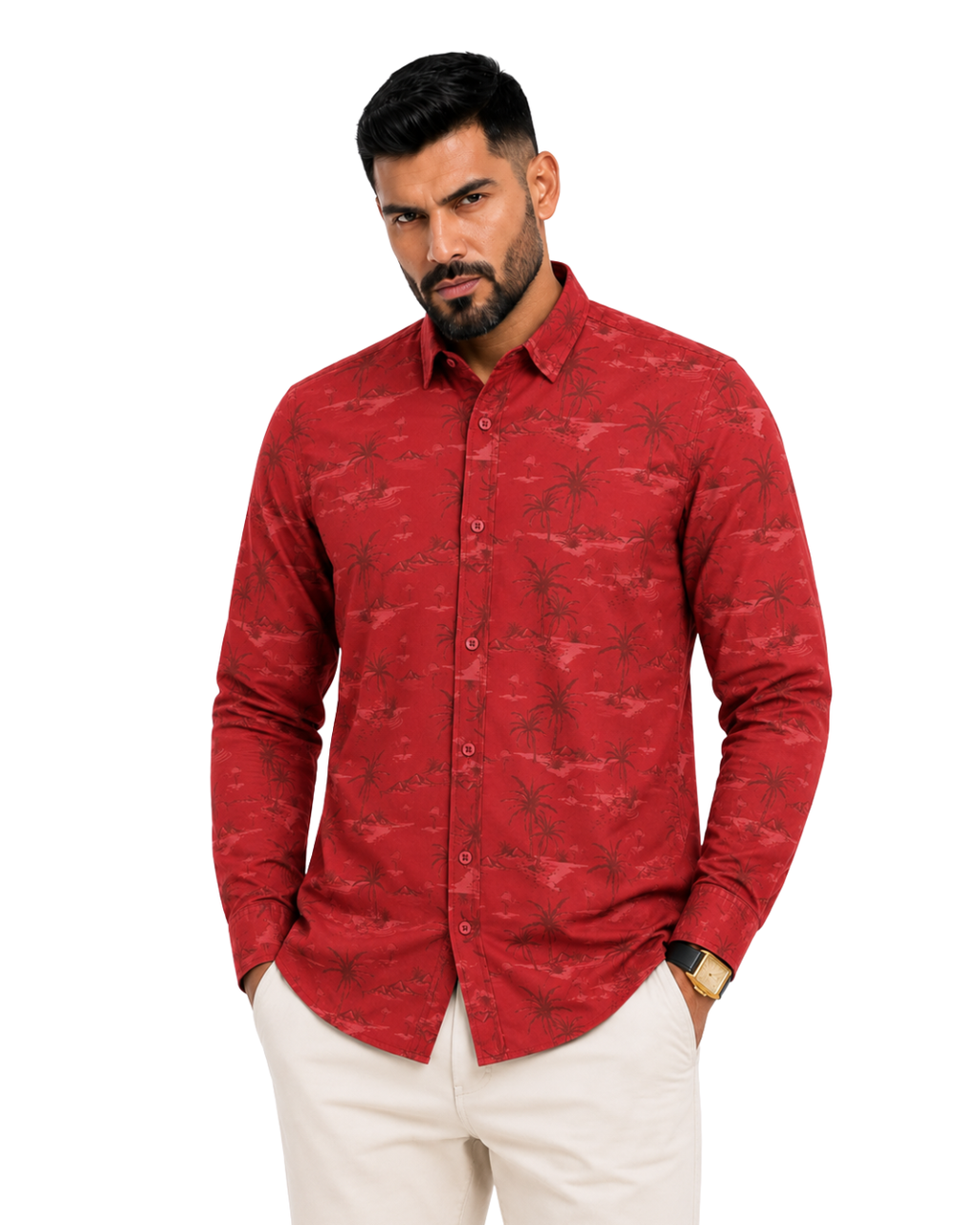 Men’s Premium Tropical Print Full-Sleeve Shirt – Maroon