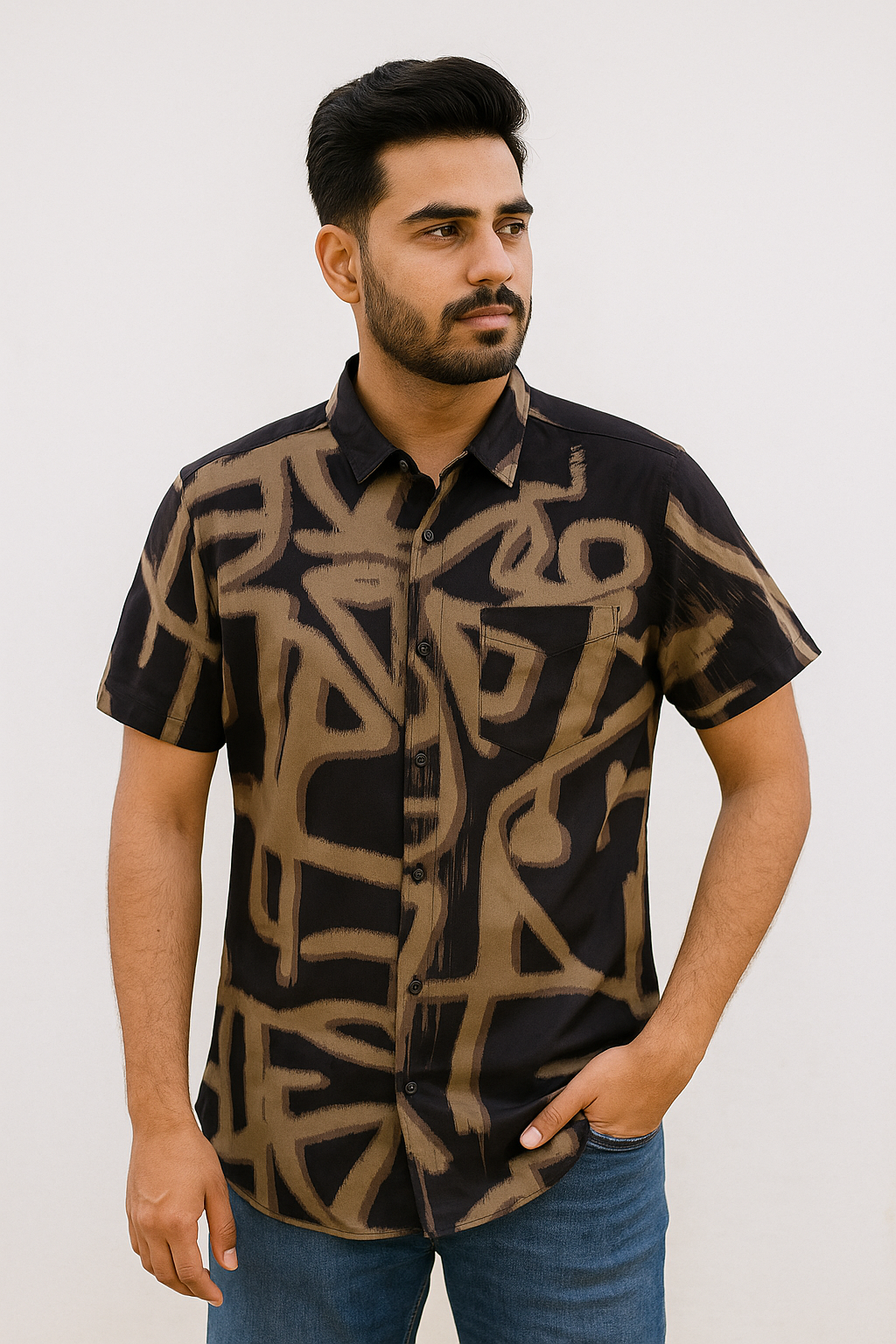 Men's Half Sleeve Printed Shirt – Coffee