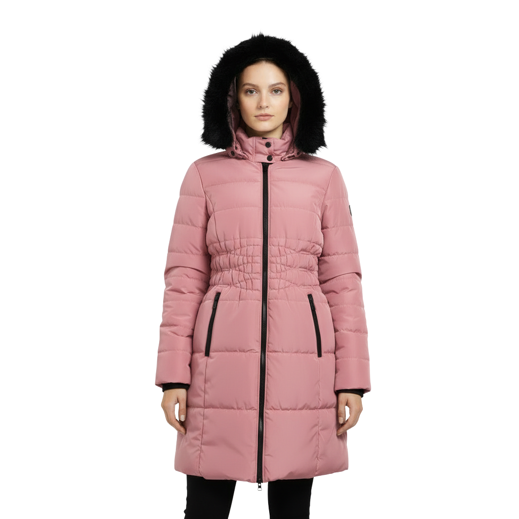 Women's Knee Length Puffer Women Long Sleeve Hooded jacket F&F pink