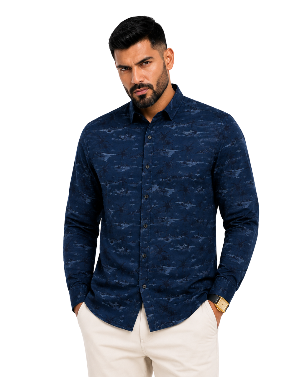 Men’s Premium Tropical Print Full-Sleeve Shirt – Navy
