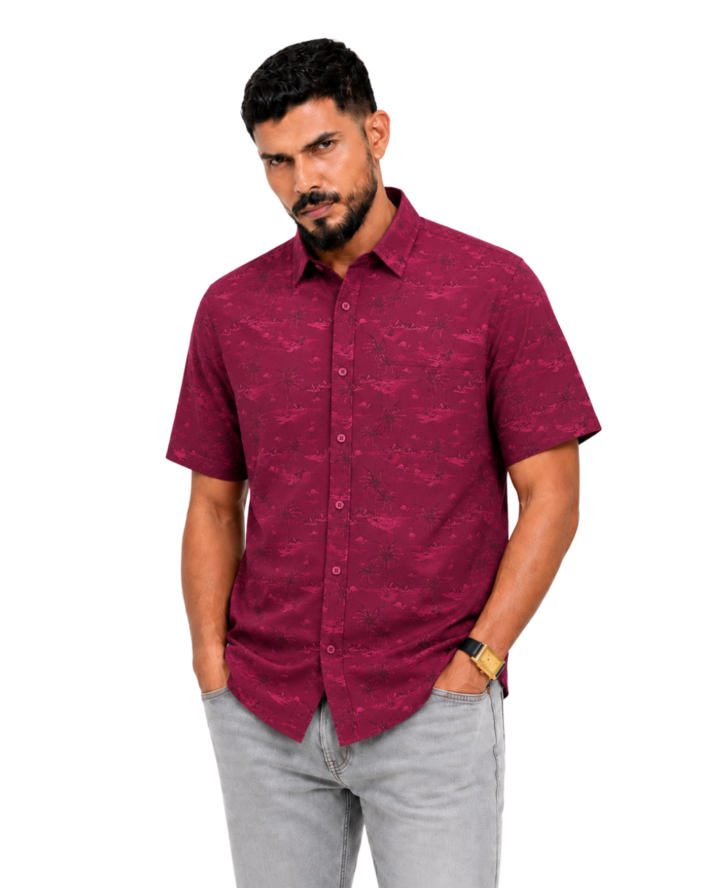 Men’s Premium Tropical Print Half-Sleeve Shirt – Maroon