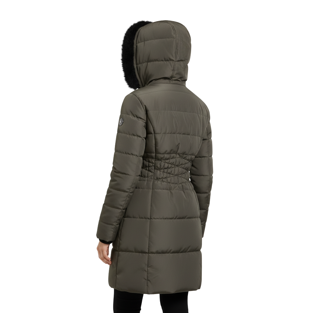 Women's Knee Length Puffer Women Long Sleeve Hooded jacket F&F Olive