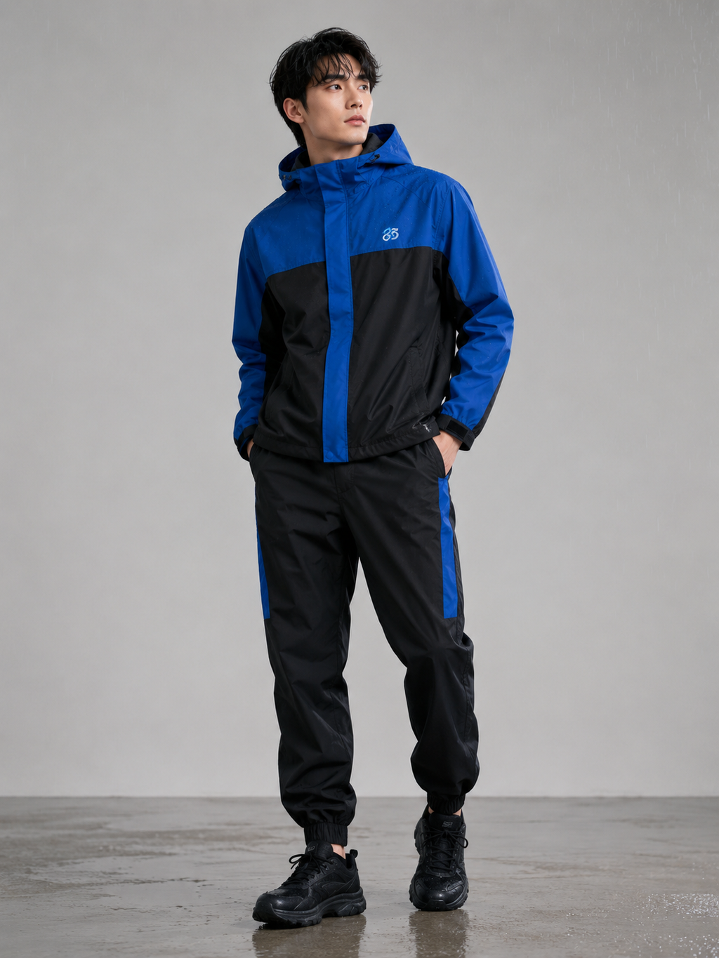 Men’s Waterproof Hooded Raincoat Set Black&Blue