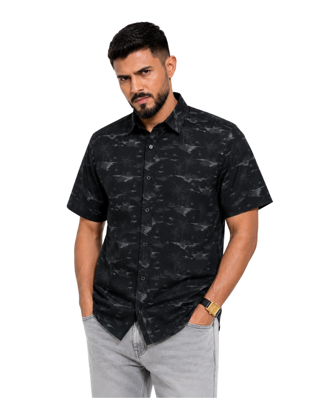 Men’s Premium Tropical Print Half-Sleeve Shirt – Black