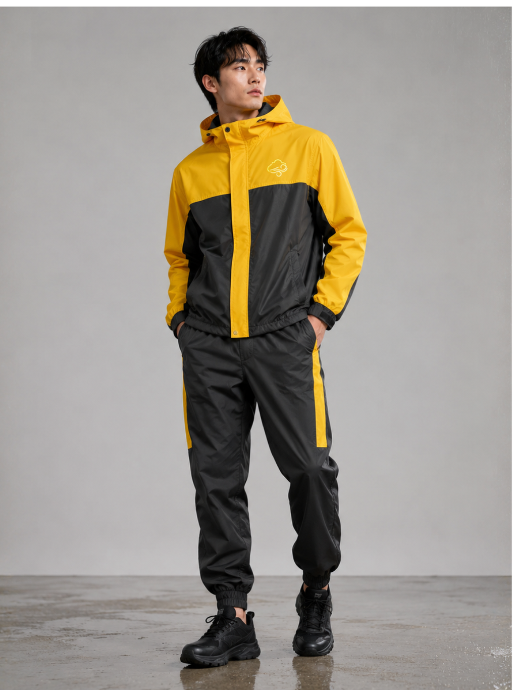 Men’s Waterproof Hooded Raincoat Set Black&Yellow