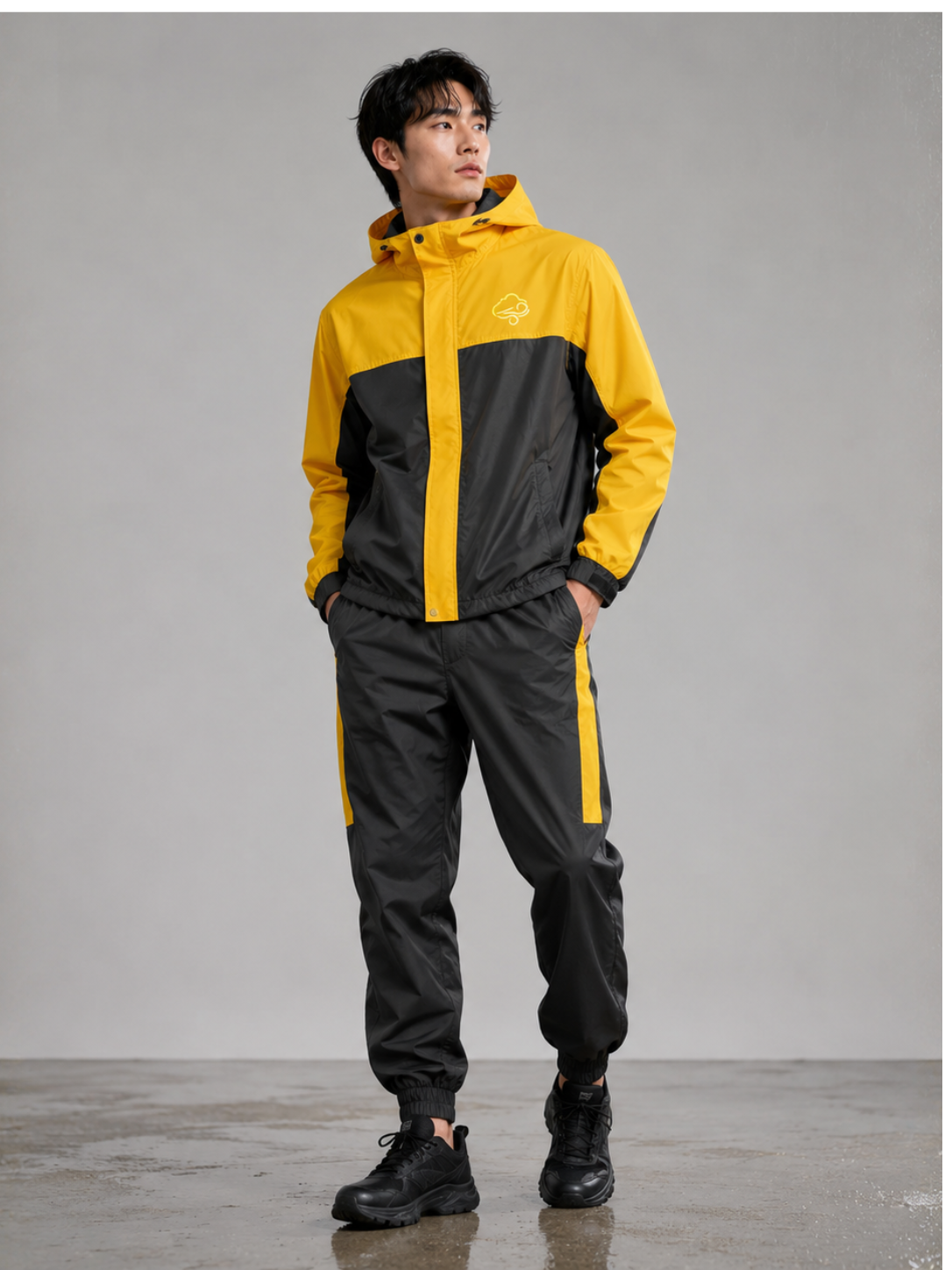 Men’s Waterproof Hooded Raincoat Set Black&Yellow