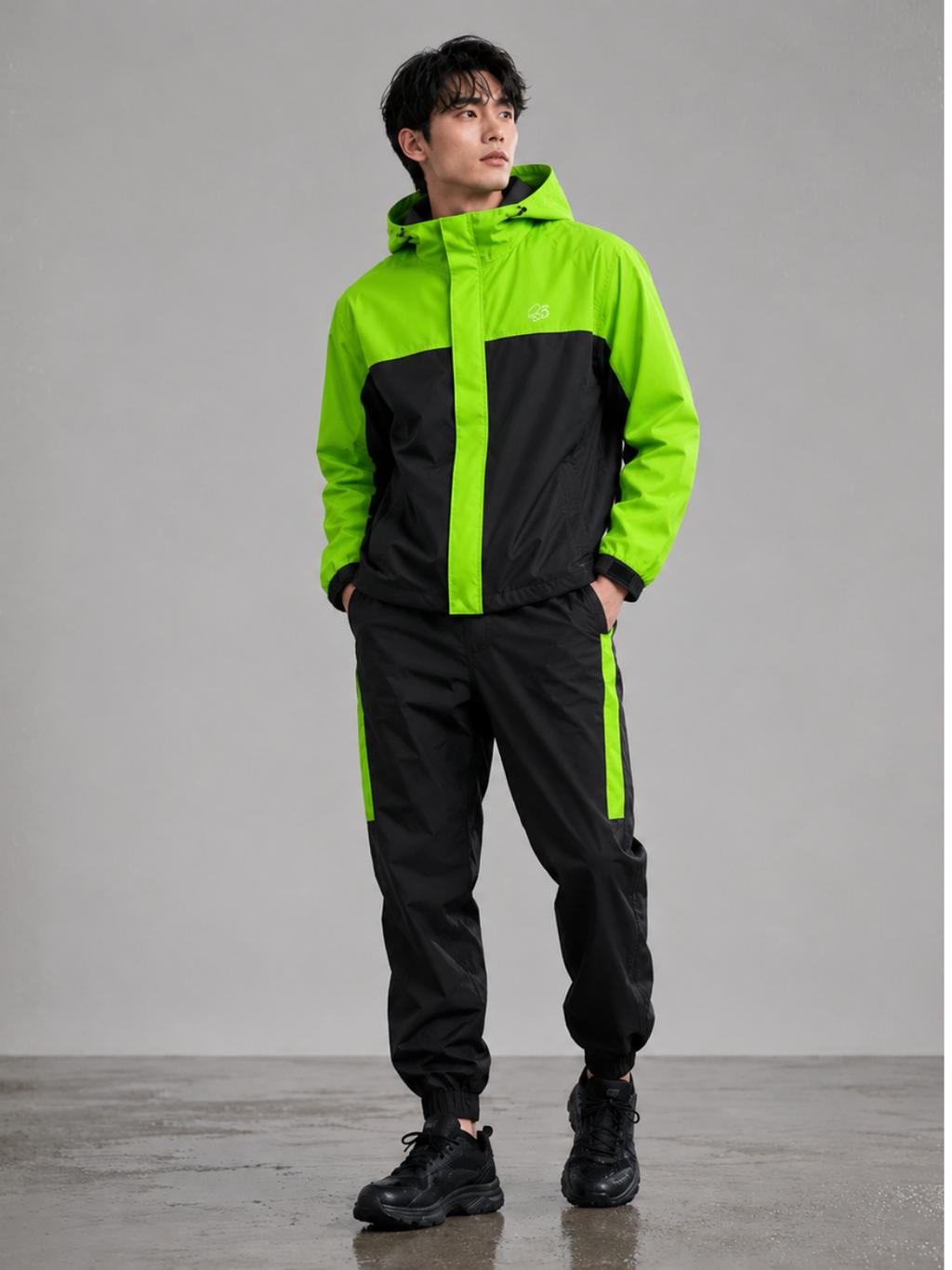 Men’s Waterproof Hooded Raincoat Set Black& Neon Green