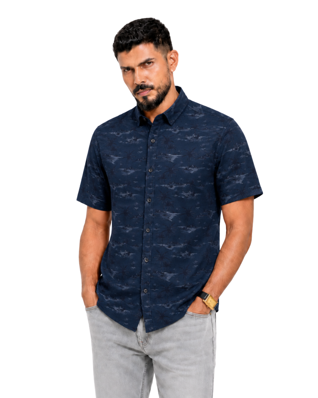 Men’s Premium Tropical Print Half-Sleeve Shirt – Navy