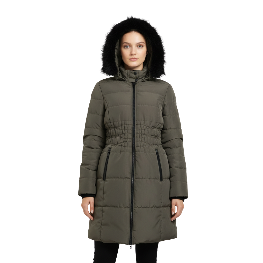 Women's Knee Length Puffer Women Long Sleeve Hooded jacket F&F Olive