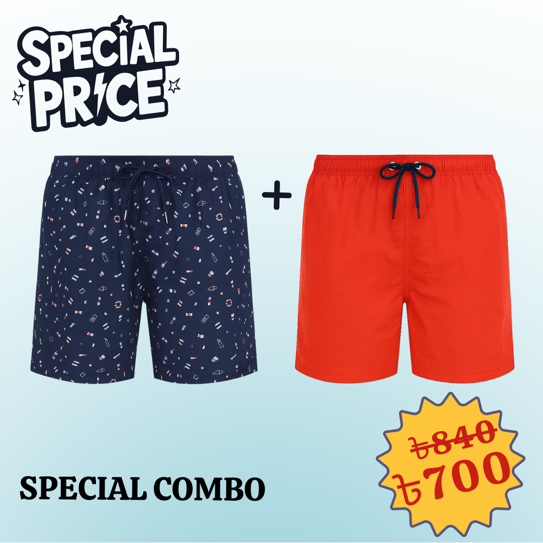 Swim Shorts Navy print And Orange  2pcs Combo