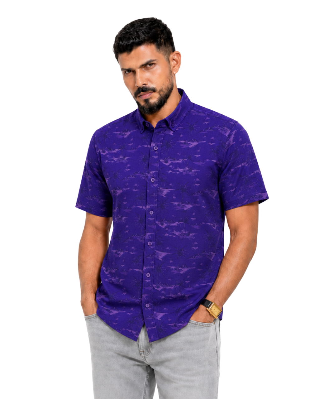 Men’s Premium Tropical Print Half-Sleeve Shirt – Royal Purple