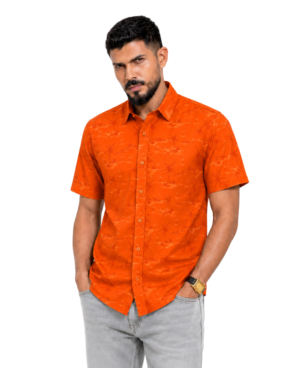 Men’s Premium Tropical Print Half-Sleeve Shirt – Orange