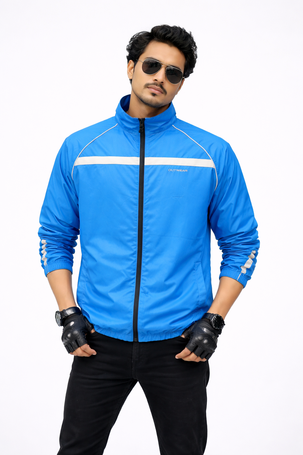 Premium Biker Windbreaker for Men’s With Printed Reflective, More Elasticity RIB & Raglan Collar- Gusty Sky Blue