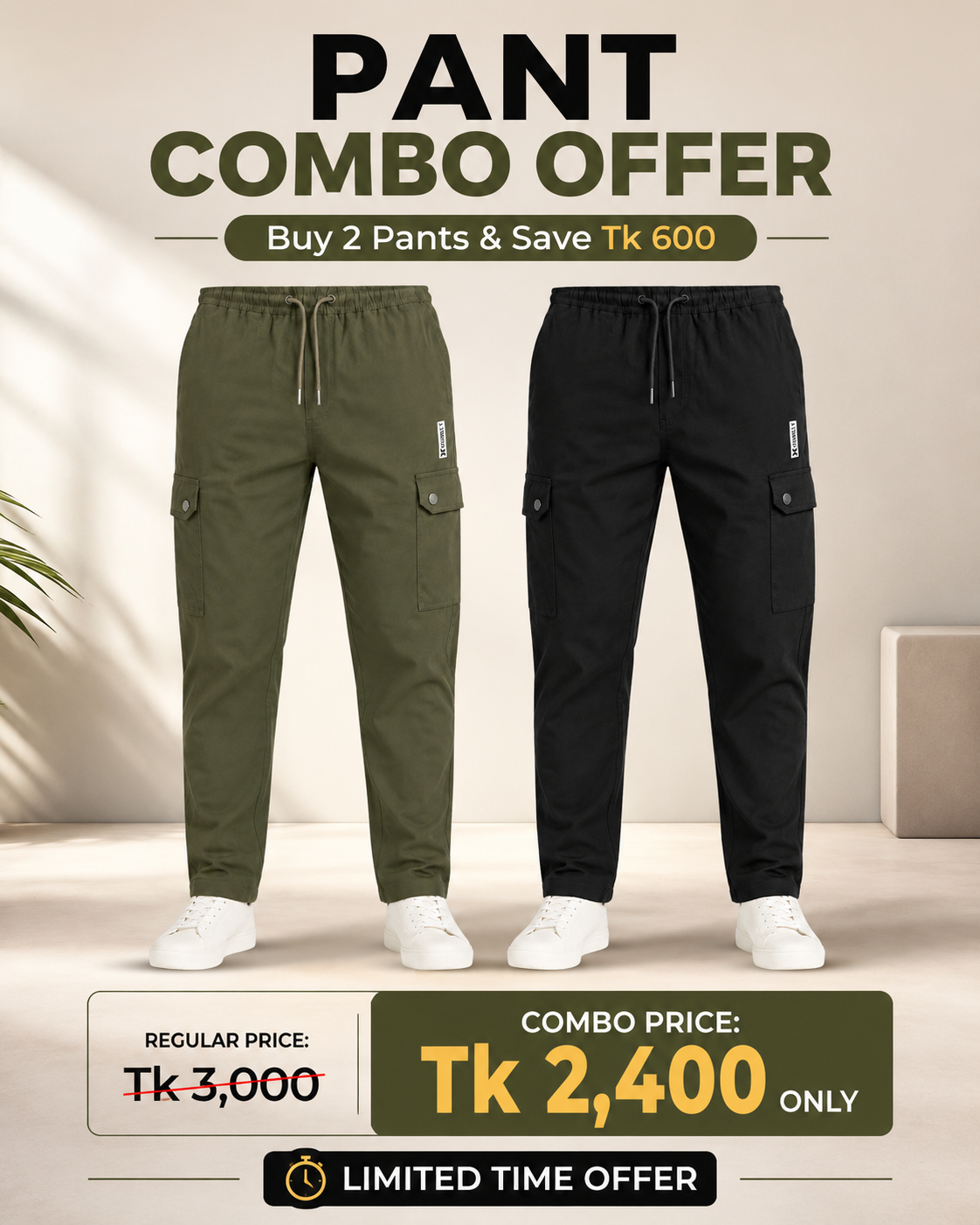 Men’s Cargo Pant Combo Offer -Olive Green & Black