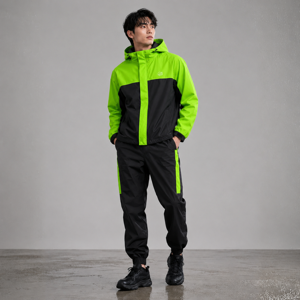 Men’s Waterproof Hooded Raincoat Set Black& Neon Green