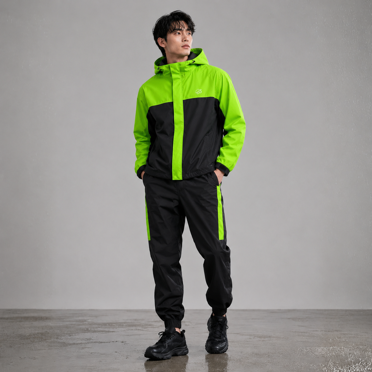 Men’s Waterproof Hooded Raincoat Set Black& Neon Green