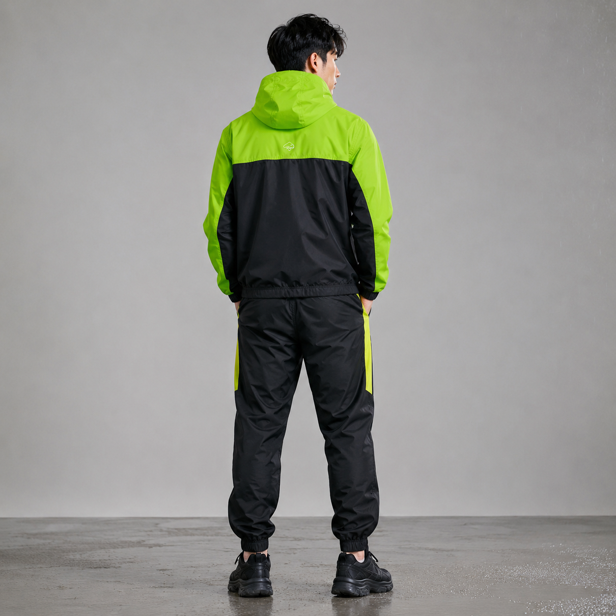 Men’s Waterproof Hooded Raincoat Set Black& Neon Green
