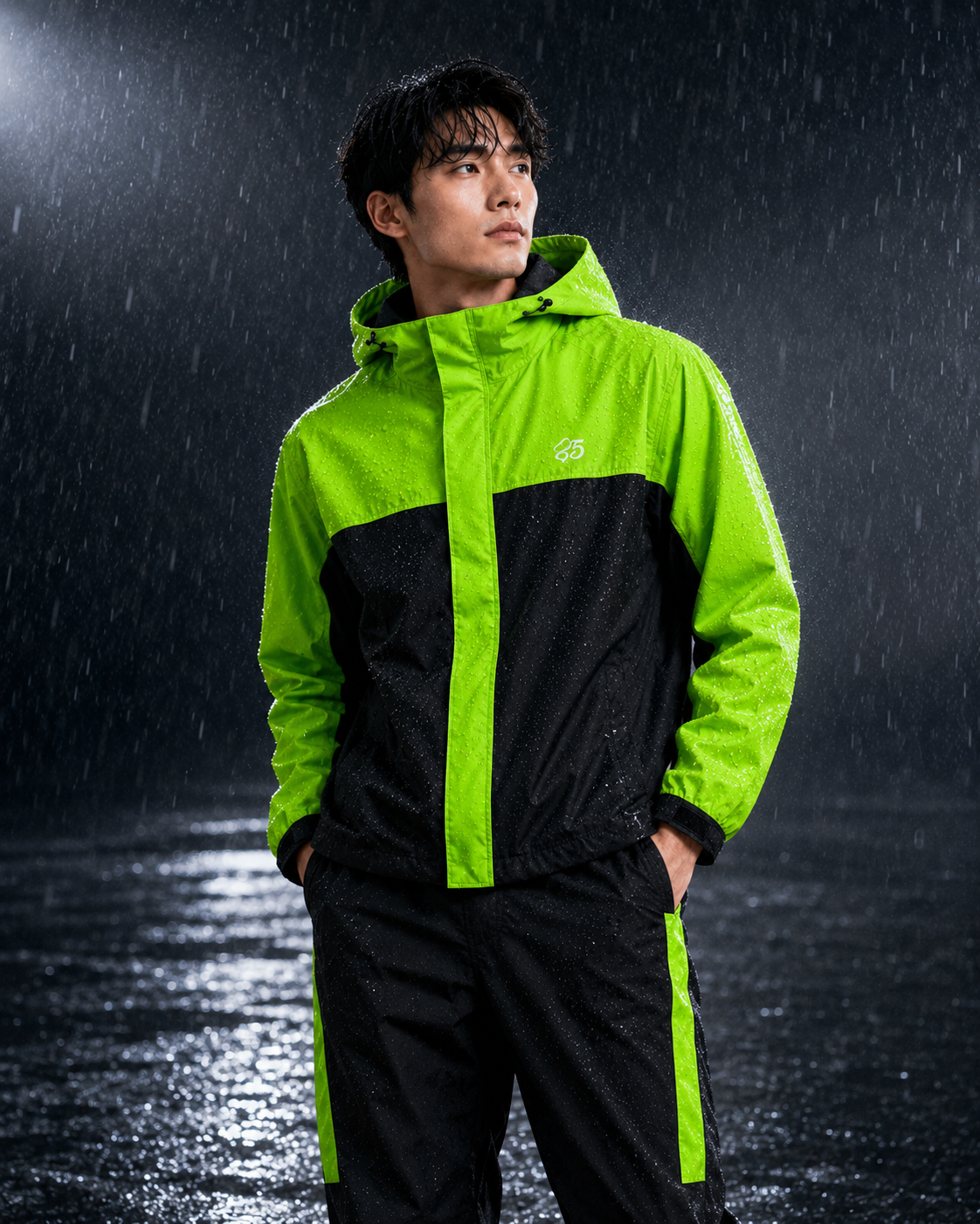 Men’s Waterproof Hooded Raincoat Set Black& Neon Green