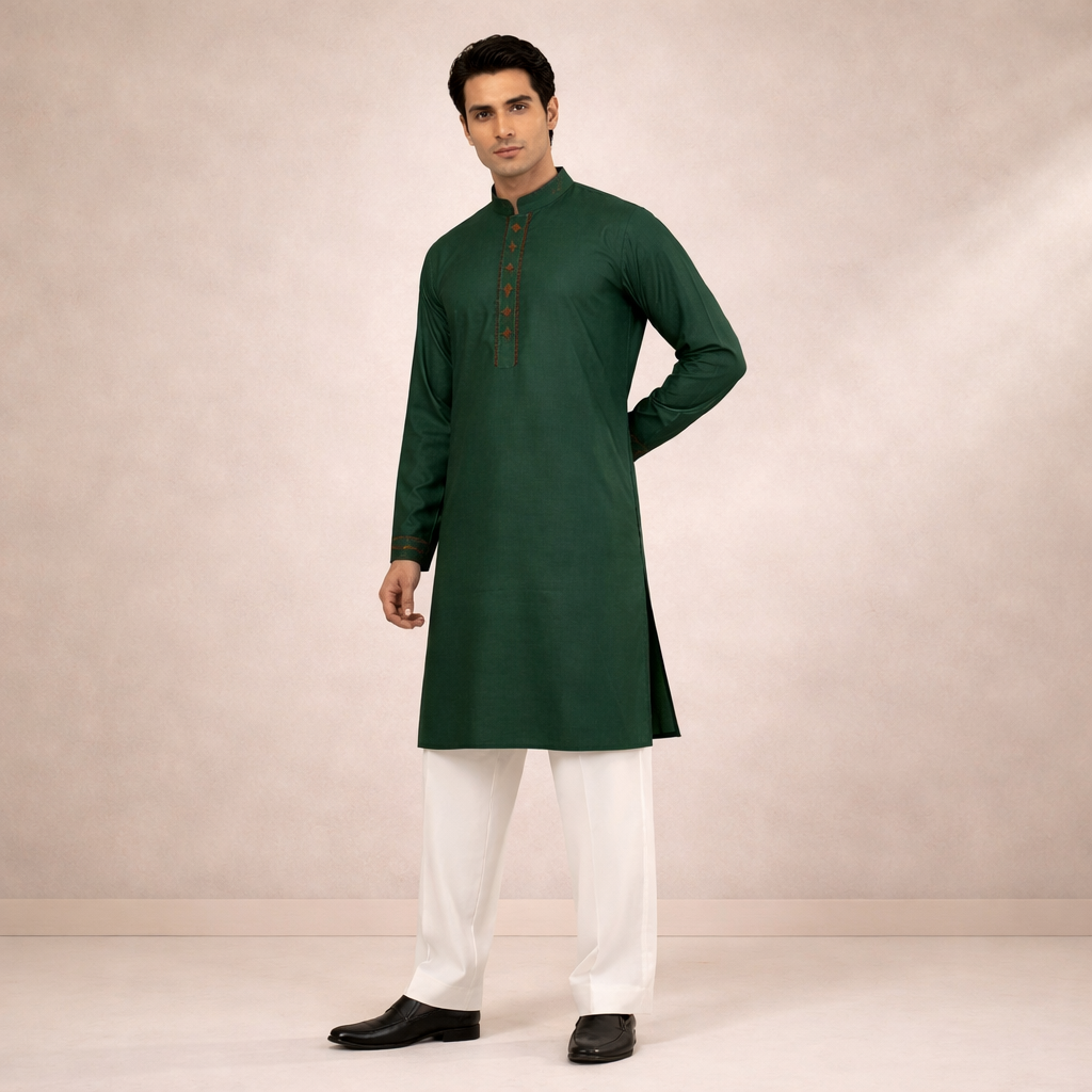 Men’s Green Clssic Embroidered Punjabi Taqwdeer-1