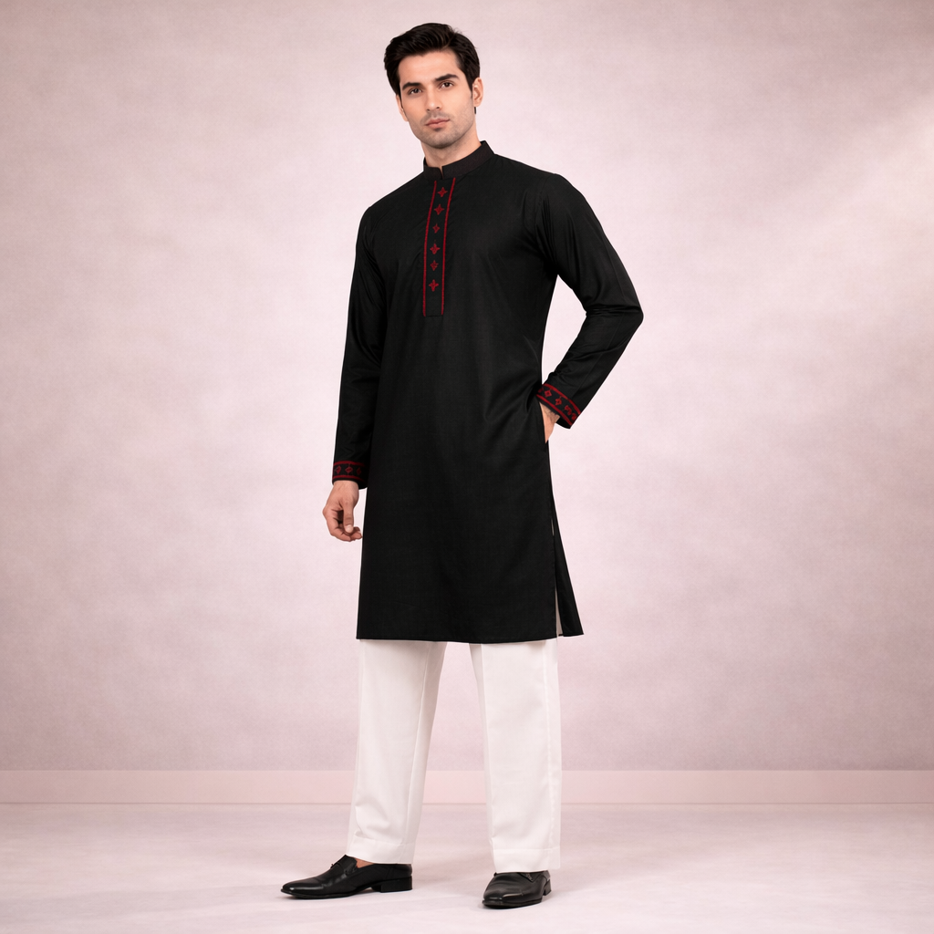 Men’s Black Clssic Embroidered Punjabi Taqwdeer-1