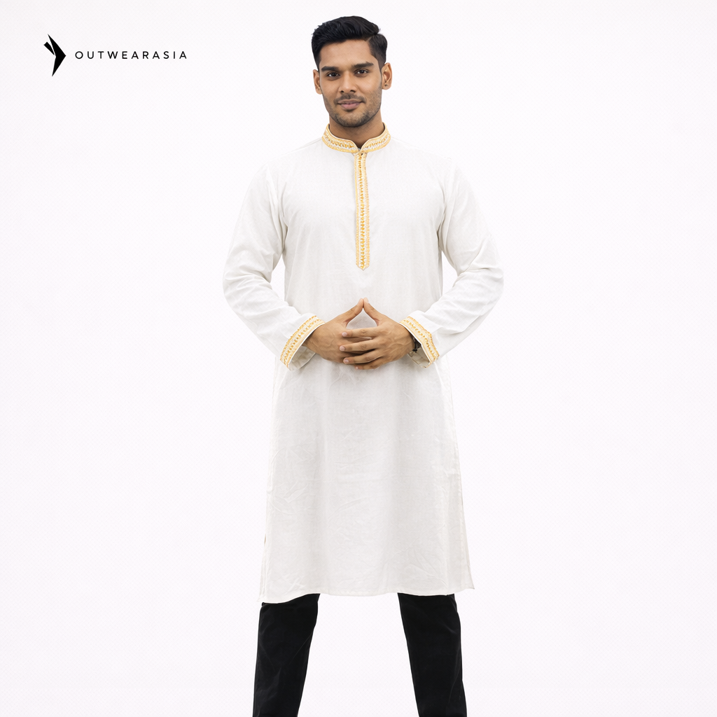 Outwear Exclusive Cotton Embroidery Panjabi- A3_White