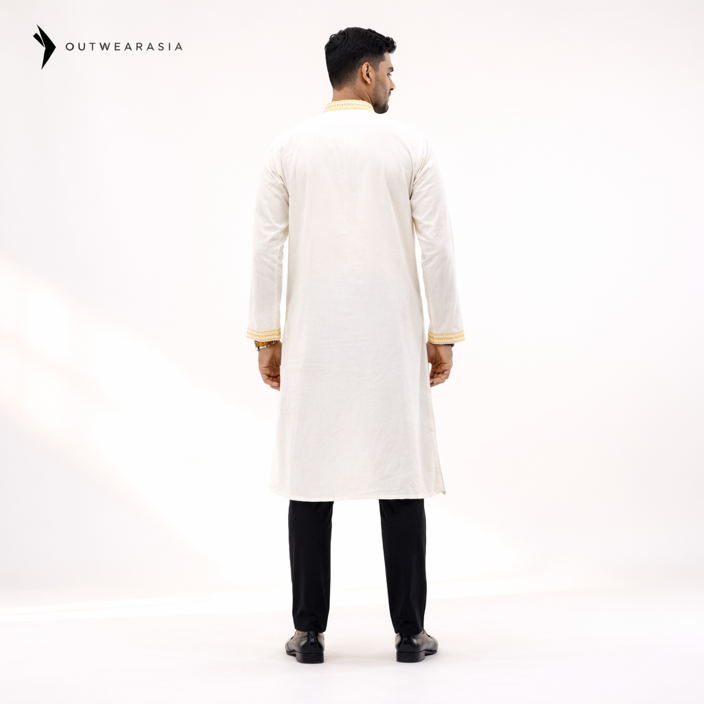 Outwear Exclusive Cotton Embroidery Panjabi- A3_White